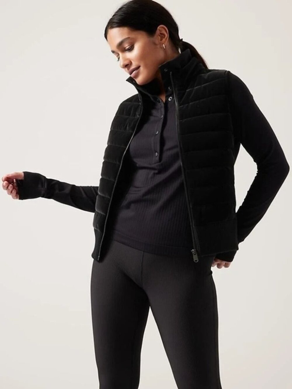 Athleta Hanover Hybrid Velvet Quilted Vest, BLACK SIZE 2X Sporty Athleisure Chic